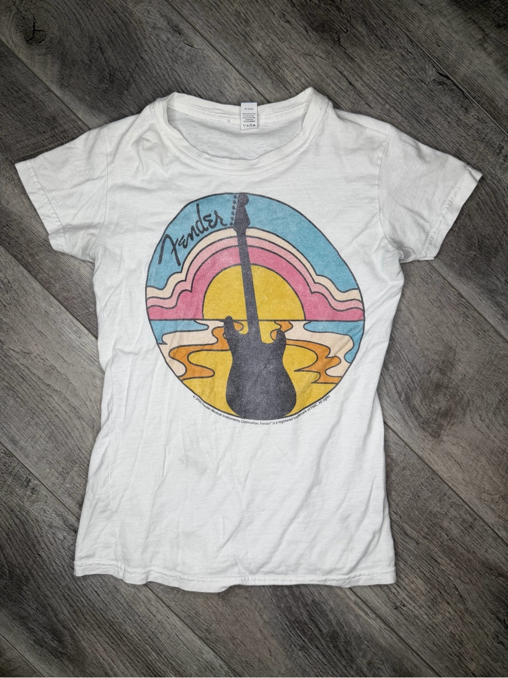 Tultex White Women's Graphic Tee with Retro Guitar Sunset